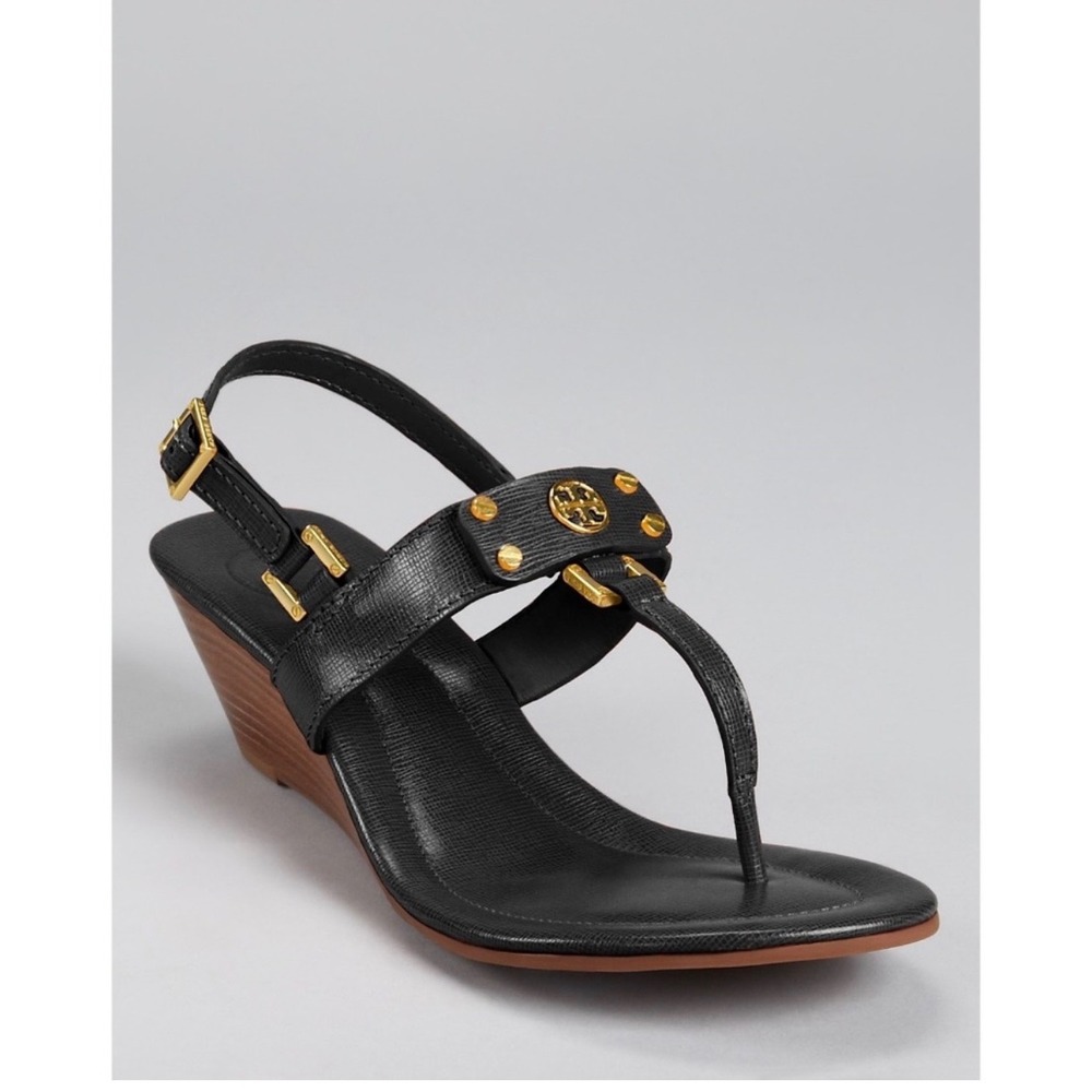Tory Burch Black Leather Robinson Demi Wedge Logo Sandals Slingback Gold 7M